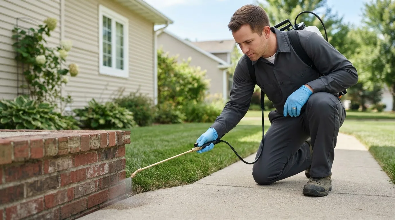 Pest control technician treating a home near Frederick, OK
