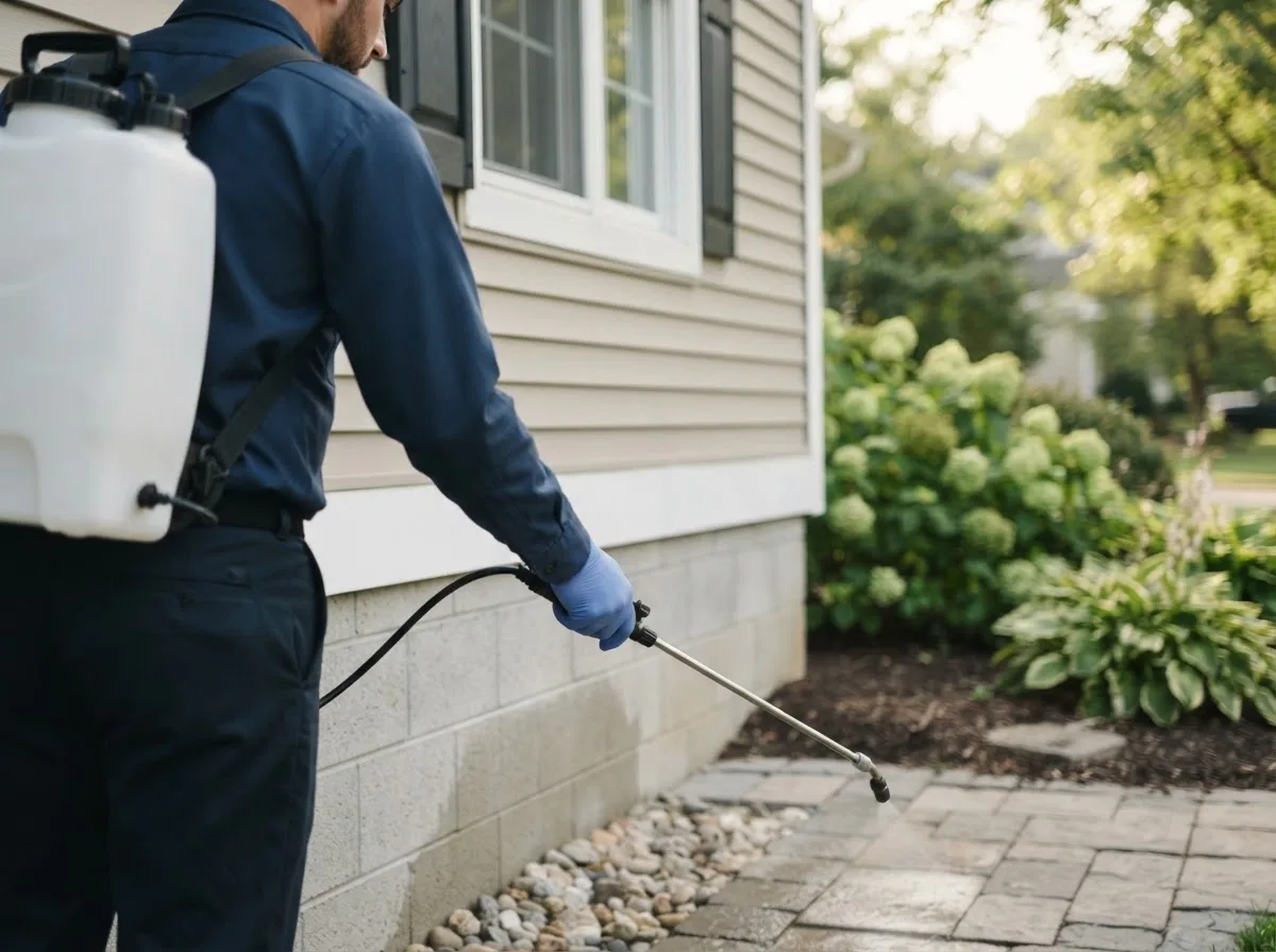 Pest control technician inspecting a home in Frederick, OK